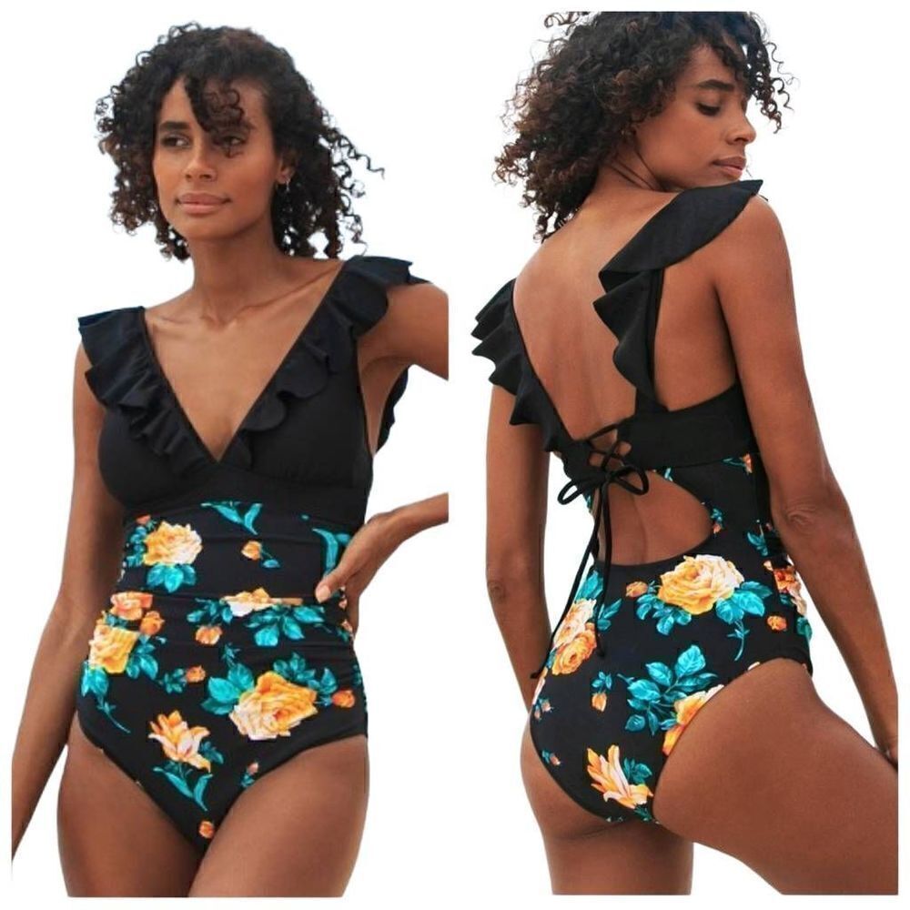 CUPSHE Black Floral Ruffled Lace Up Onepice Swimsuit Size Medium